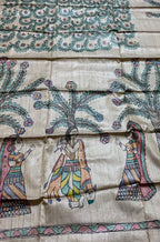 Pastel Hand Painted Madhubani Pure Tussar Silk Unstitched Blouse Fabric - Luxurion World