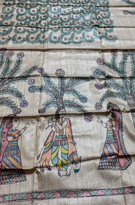 Pastel Hand Painted Madhubani Pure Tussar Silk Unstitched Blouse Fabric - Luxurion World