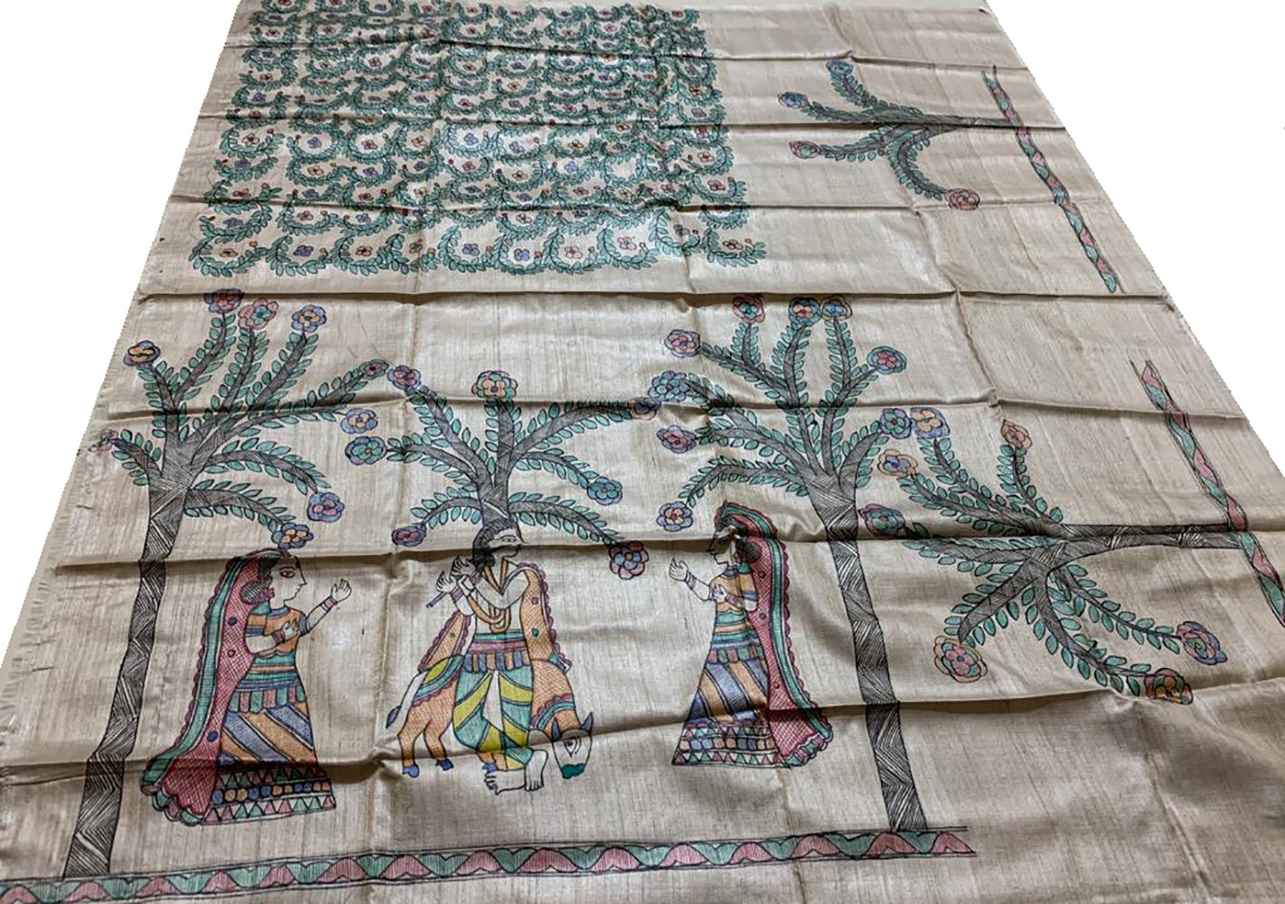 Pastel Hand Painted Madhubani Pure Tussar Silk Unstitched Blouse Fabric - Luxurion World