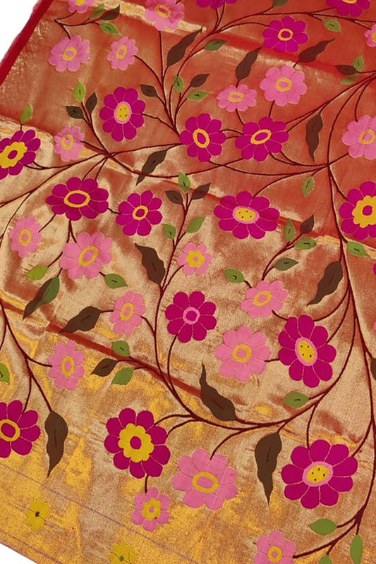 Handloom Pure Silk Brocade Paithani Blouse Fabric - Golden (1 Mtr) - Luxurion World