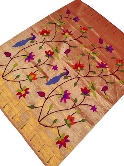 Handloom Pure Silk Brocade Paithani Blouse Fabric - Golden  (1 Mtr) - Luxurion World