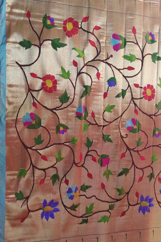 Golden Paithani Handloom Pure Silk Brocade Blouse Fabric - Luxurion World