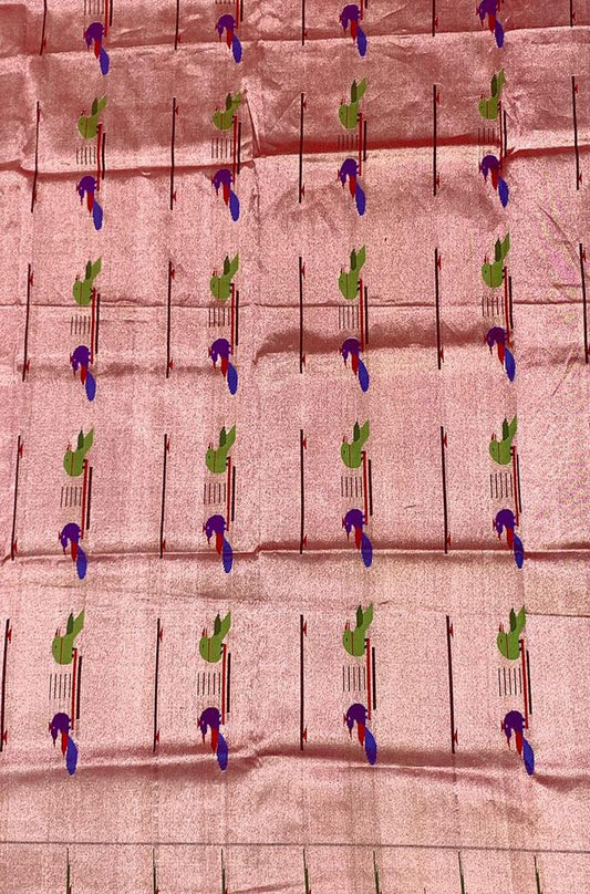 Red Handloom Brocade Paithani Pure Silk Blouse Piece Fabric ( 1 Mtr ) - Luxurion World