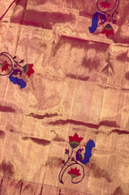 Pink Handloom Paithani Pure Silk Blouse Piece Peacock Design Fabric - Luxurion World