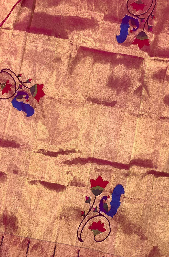 Pink Handloom Paithani Pure Silk Blouse Piece Peacock Design Fabric - Luxurion World