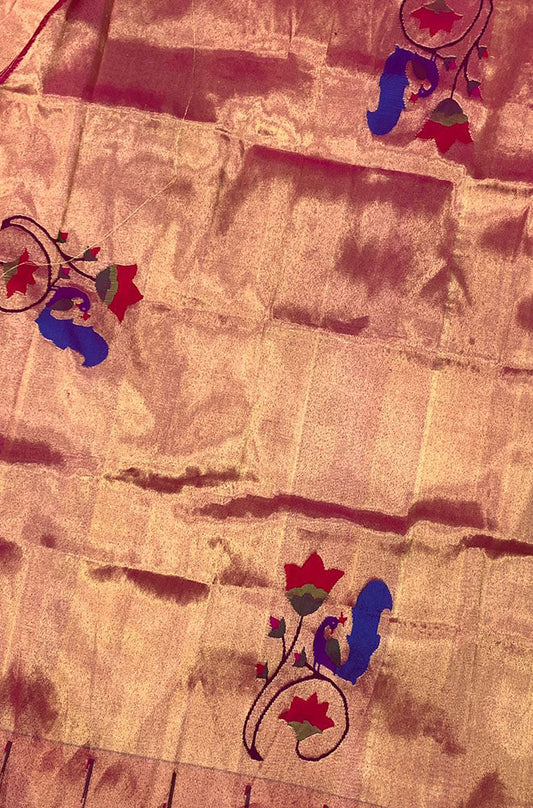 Pink Handloom Paithani Pure Silk Blouse Piece Peacock Design Fabric - Luxurion World