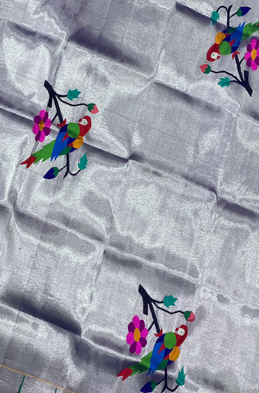 Silver Handloom Paithani Pure Silk Blouse Piece Bird Design Fabric