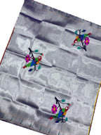 Silver Handloom Paithani Pure Silk Blouse Piece Bird Design Fabric - Luxurion World