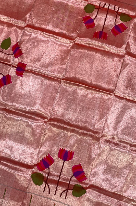 Pink Handloom Paithani Pure Silk Blouse Piece Flower Design Fabric - Luxurion World