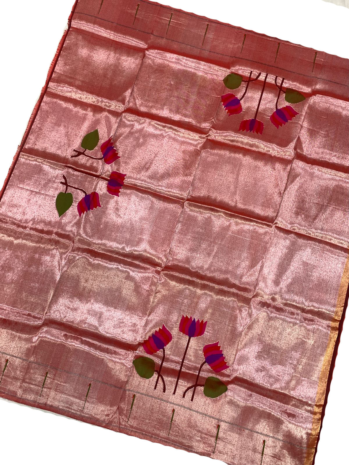Pink Handloom Paithani Pure Silk Blouse Piece Flower Design Fabric