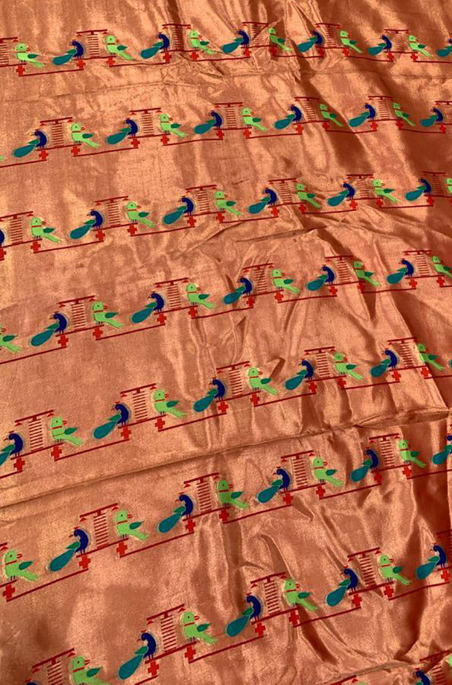 Golden Paithani Silk Brocade Peacock Design Blouse Piece Fabric( 1 Mtr )
