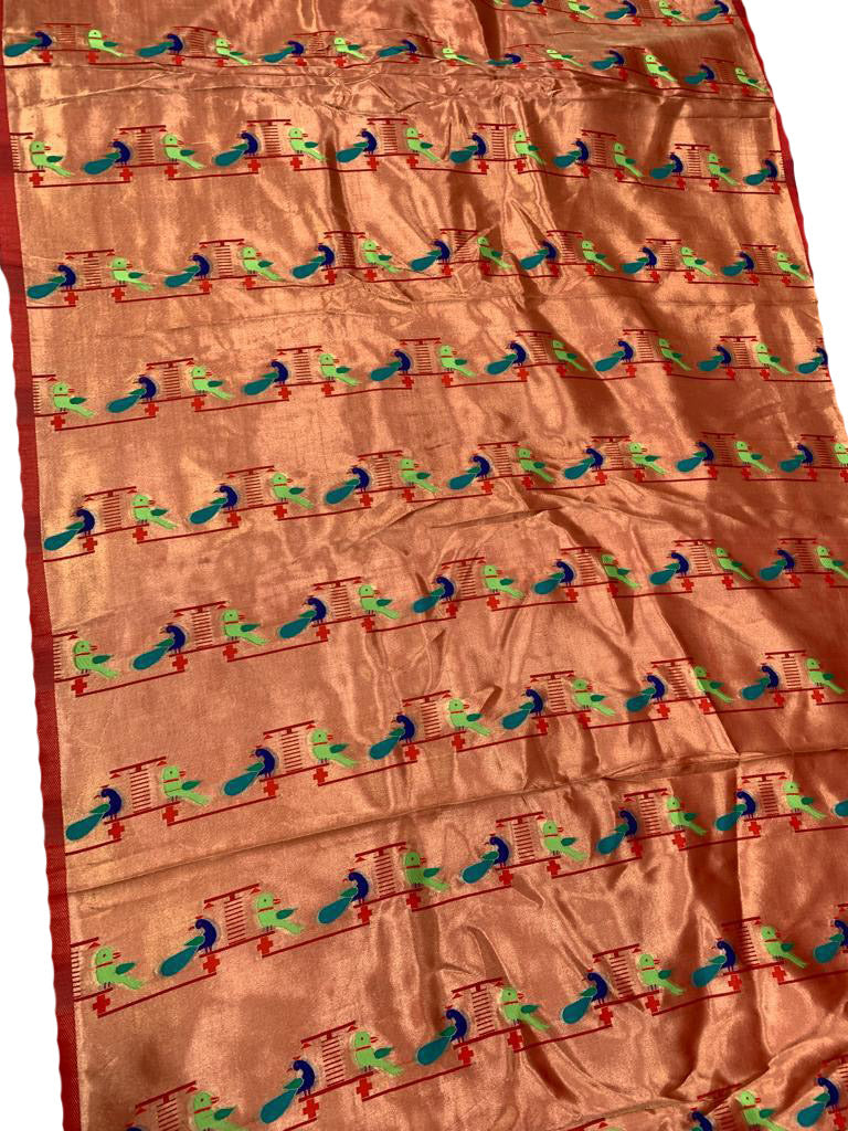 Golden Paithani Silk Brocade Peacock Design Blouse Piece Fabric( 1 Mtr )