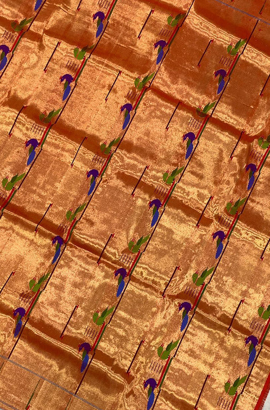 Golden Handloom Paithani Pure Silk Peacock Design Blouse Piece Fabric( 1 Mtr ) - Luxurion World