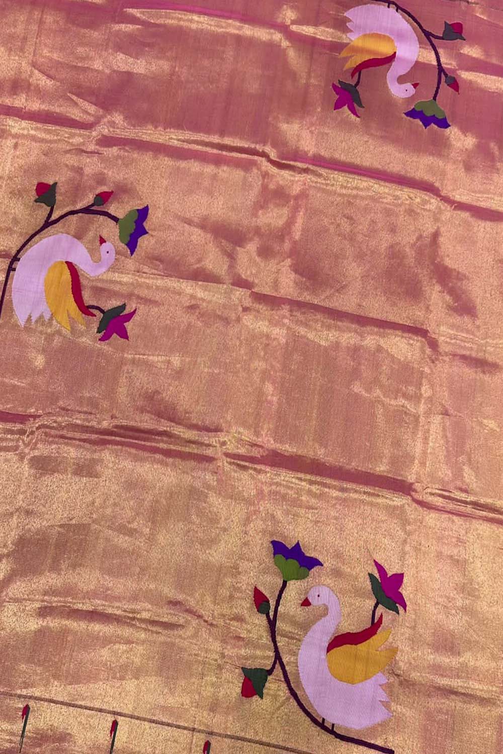 Pure Silk Pink Handloom Paithani Blouse Fabric (1 Mtr) - Elegant and Timeless