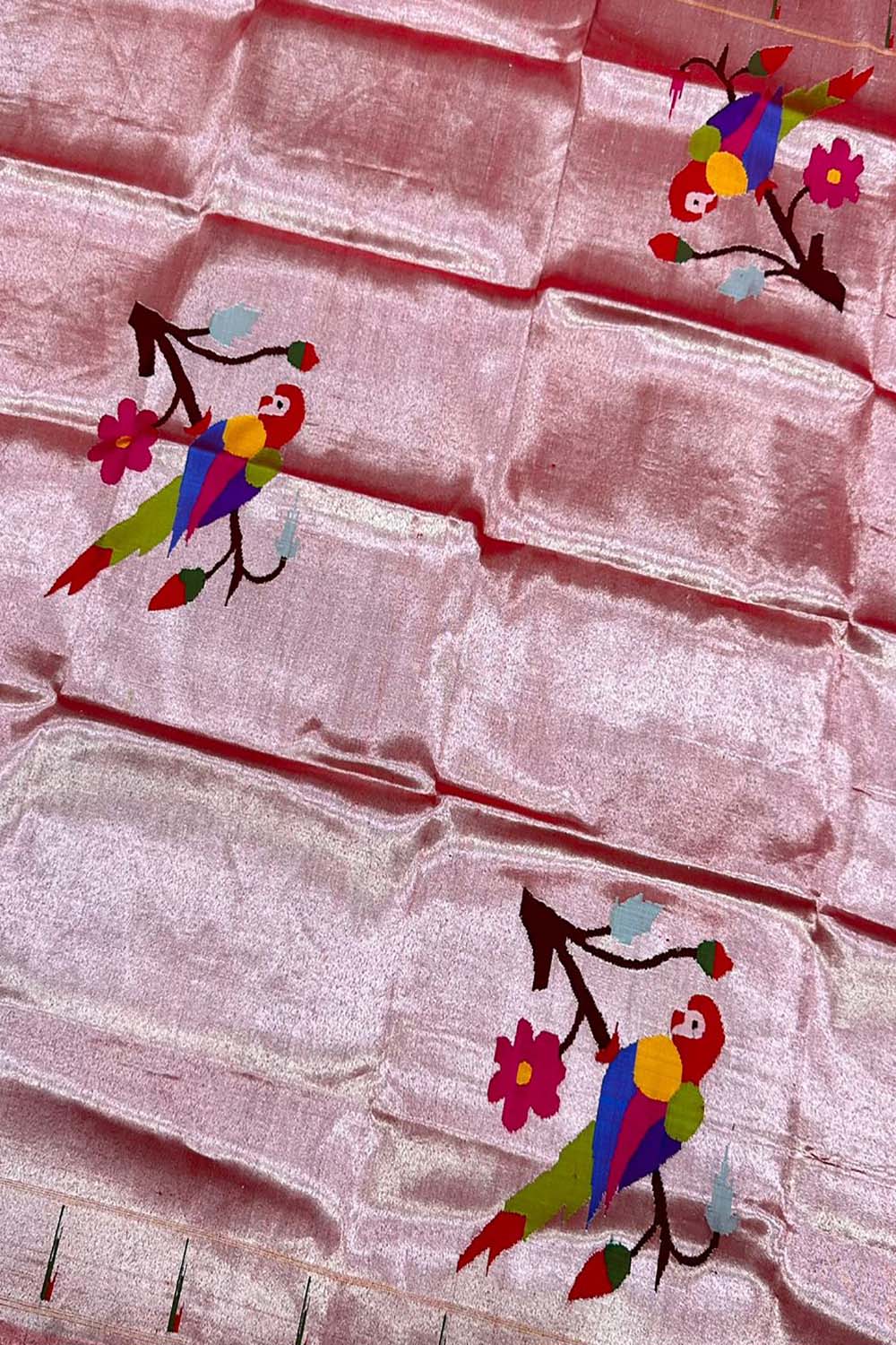 Stunning Red Handloom Paithani Silk Blouse Fabric - 1 Mtr - Luxurion World