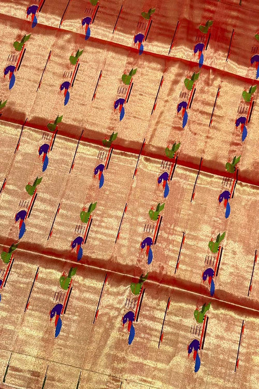 Golden Handloom Paithani Pure Silk Blouse Fabric - 1 Mtr Length - Luxurion World