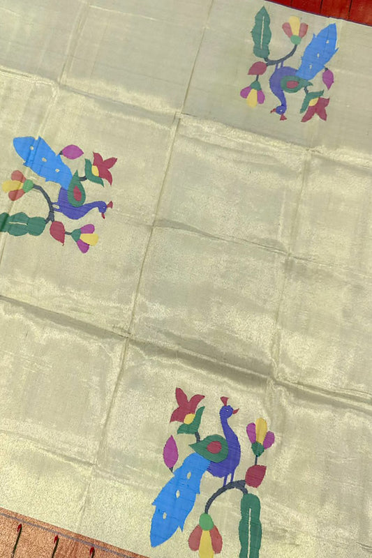 Stunning Red Handloom Paithani Silk Blouse Fabric (1 Mtr) - Pure Elegance - Luxurion World