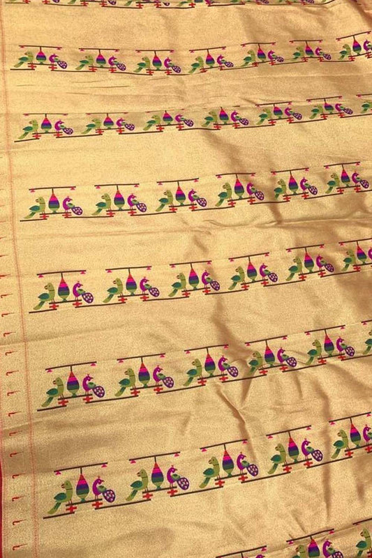 Golden Paithani Brocade Silk Peacock Design Fabric ( 1 Mtr ) - Luxurion World