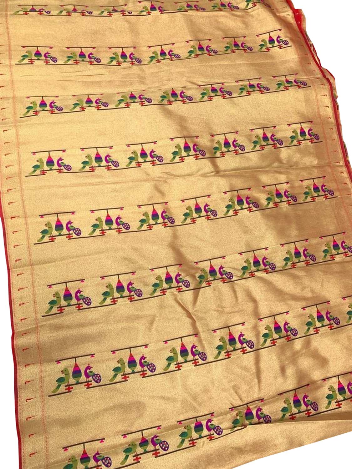 Golden Paithani Brocade Silk Peacock Design Fabric ( 1 Mtr ) - Luxurion World