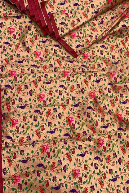 Golden Paithani Brocade Silk Peacock Design Fabric ( 1 Mtr ) - Luxurion World