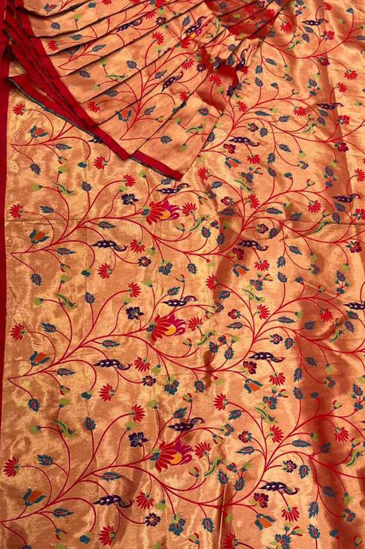 Golden Paithani Brocade Silk Peacock Design Fabric ( 1 Mtr ) - Luxurion World