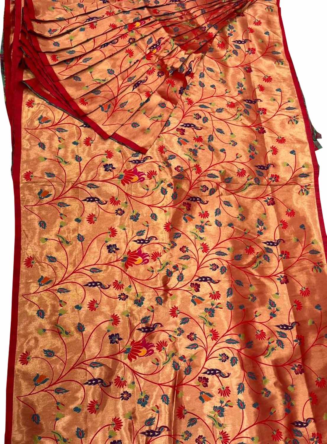 Golden Paithani Brocade Silk Peacock Design Fabric ( 1 Mtr ) - Luxurion World