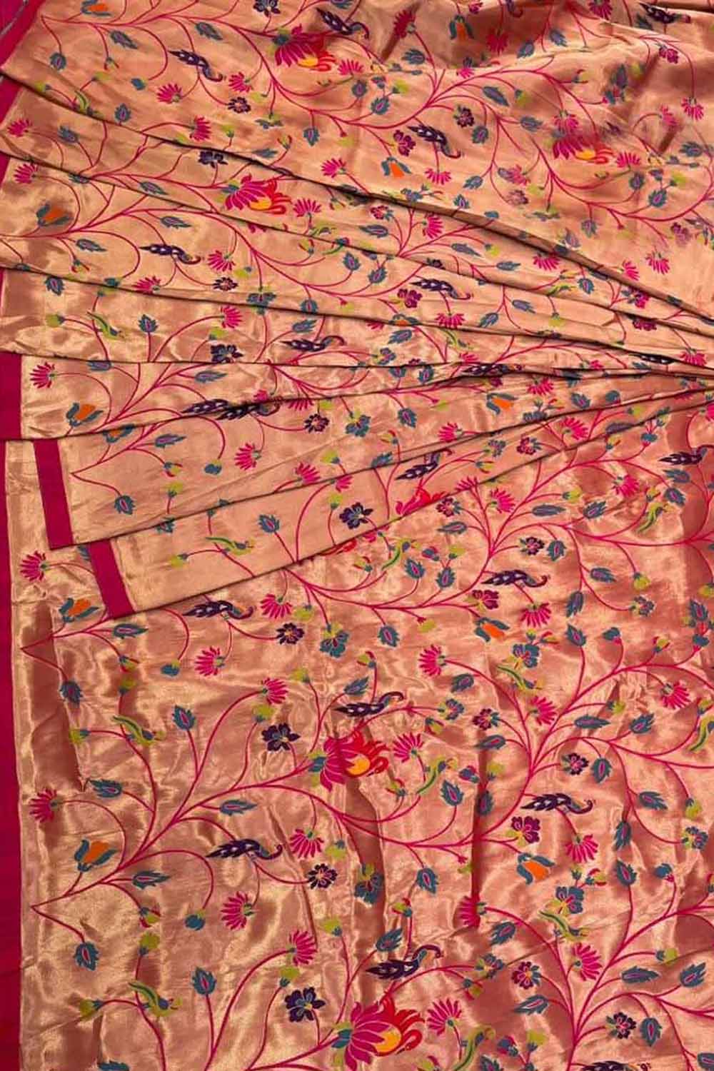 Golden Paithani Brocade Silk Peacock Design Fabric ( 1 Mtr ) - Luxurion World