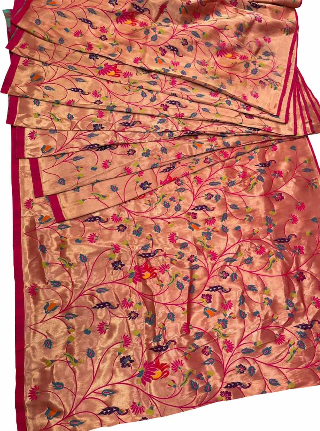 Golden Paithani Brocade Silk Peacock Design Fabric ( 1 Mtr ) - Luxurion World