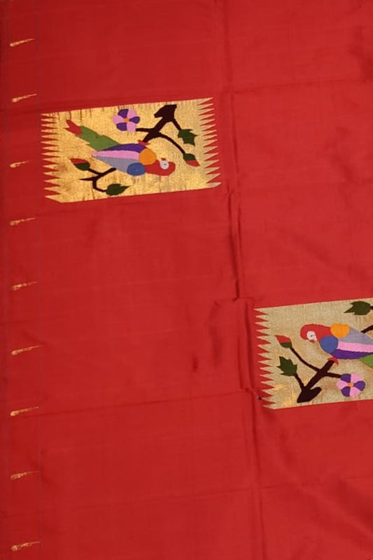 Red Paithani Handloom Pure Silk Blouse Fabric - Pure Elegance - Luxurion World