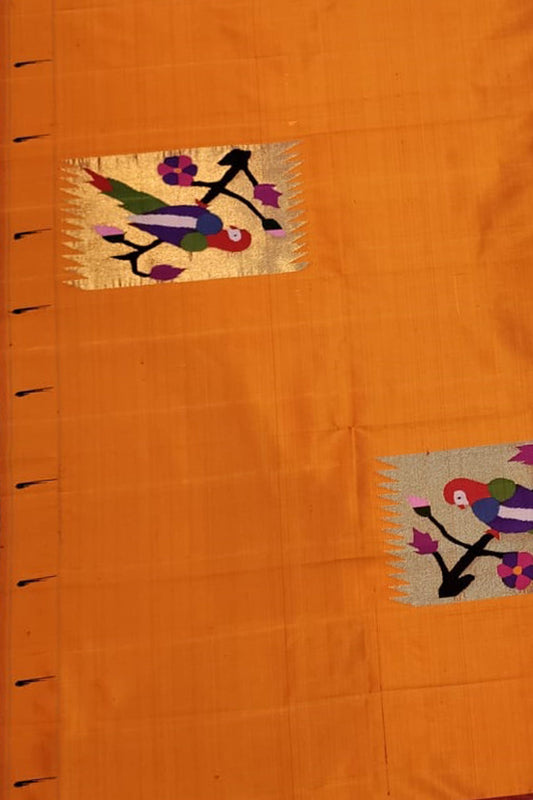 Orange Paithani Pure Silk Blouse Fabric - Handloom Pure - Luxurion World