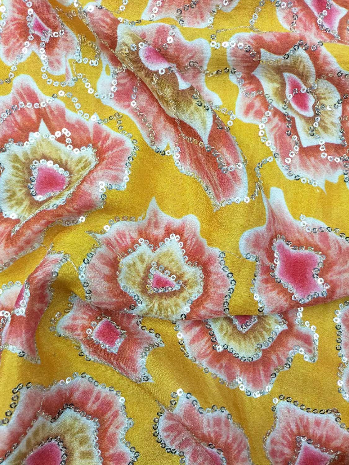 Yellow Embroidered Trendy Pure Chinon Sequins Work Fabric - Luxurion World