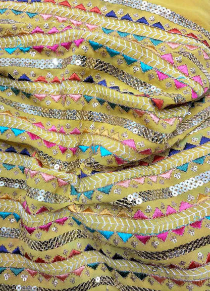 Yellow Trendy Embroidered Georgette Sequins Work Fabric ( 1 Mtr )