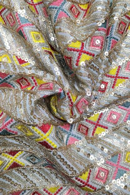 Stunning Multicolor Embroidered Georgette Fabric with Sequins (1 Mtr) - Luxurion World