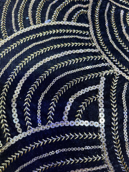 Black Embroidered Trendy Velvet Sequins Work Fabric ( 1 Mtr ) - Luxurion World