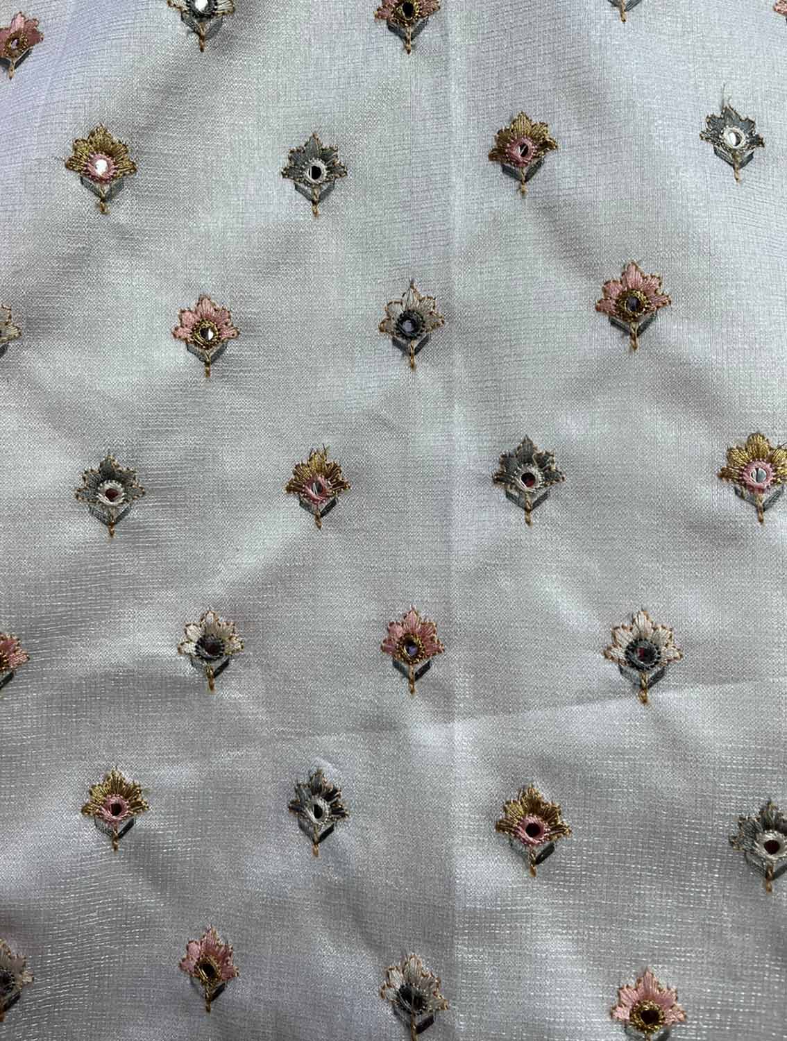 Off White Embroidered Trendy Dupion Silk Foil Mirror Work Fabric ( 1 Mtr ) - Luxurion World