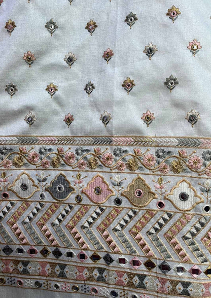 Off White Embroidered Trendy Dupion Silk Foil Mirror Work Fabric ( 1 Mtr ) - Luxurion World