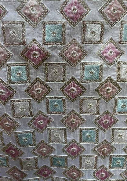 Off White Embroidered Trendy Dupion Silk Sequins Work Fabric ( 1 Mtr ) - Luxurion World