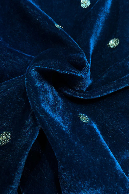 Blue Trendy Velvet Sequins Work Fabric ( 1 Mtr ) - Luxurion World
