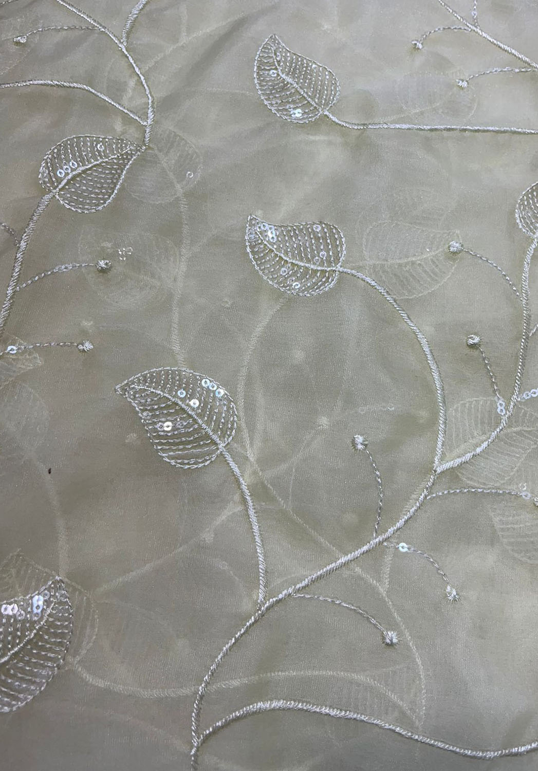 Off White Trendy Embroidered Organza Sequins Work Fabric ( 1 Mtr )