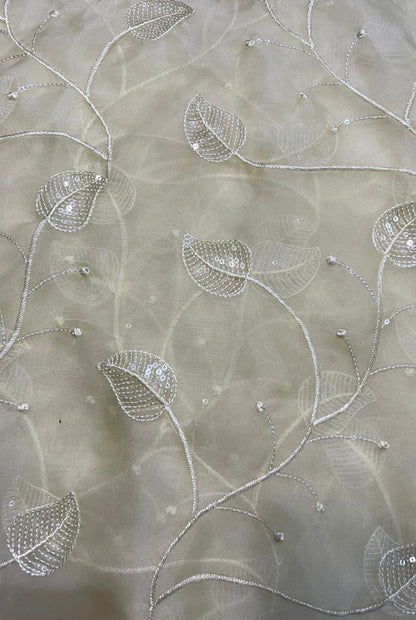 Off White Trendy Embroidered Organza Sequins Work Fabric ( 1 Mtr ) - Luxurion World