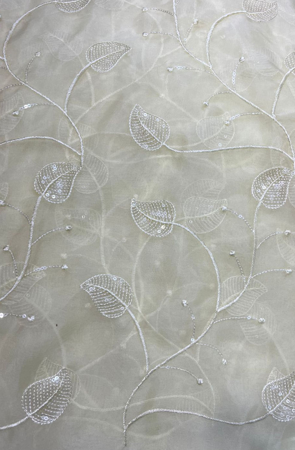 Off White Trendy Embroidered Organza Sequins Work Fabric ( 1 Mtr ) - Luxurion World