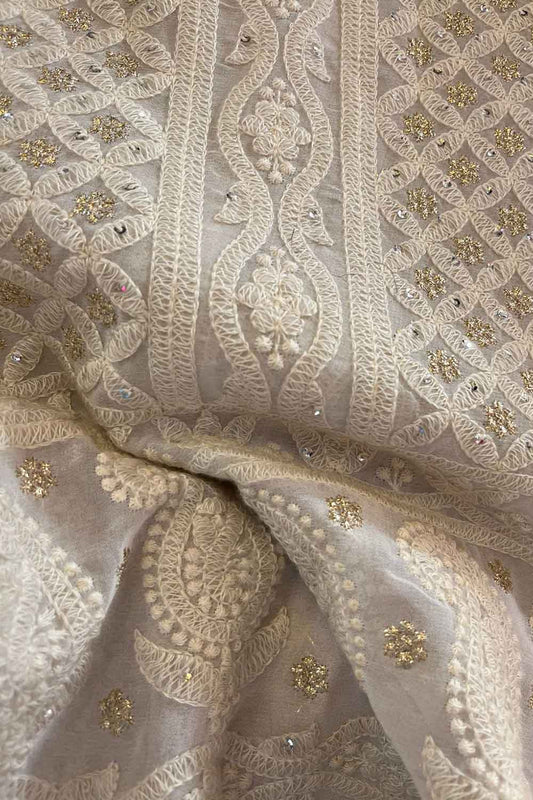 Off White Chikankari Embroidered Georgette Fabric ( 1 Mtr ) - Luxurion World