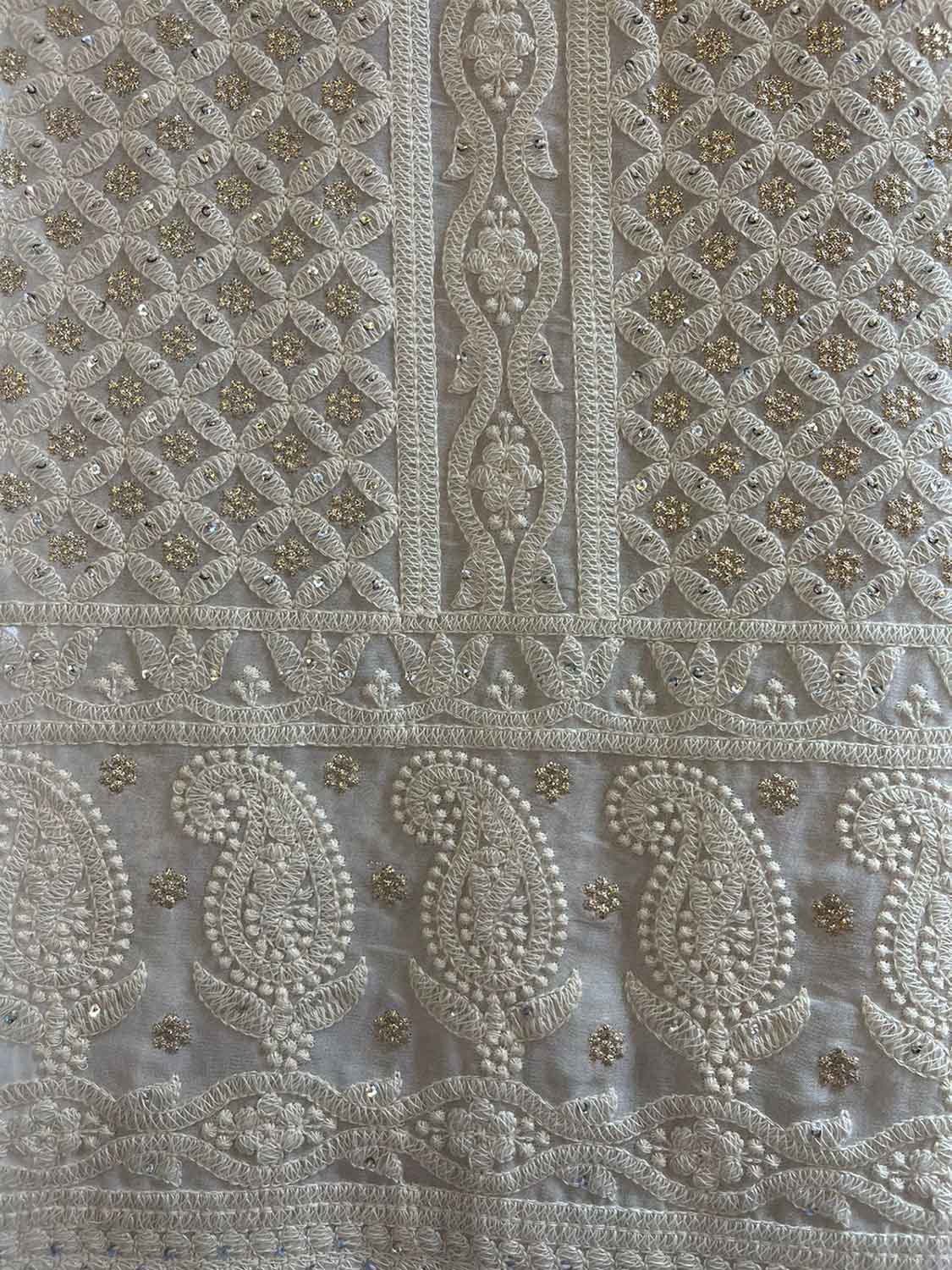Off White Chikankari Embroidered Georgette Fabric ( 1 Mtr ) - Luxurion World
