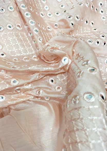 Pastel Embroidered Trendy Chanderi Silk Mirror Work Fabric ( 1 Mtr ) - Luxurion World