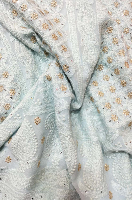 Blue Embroidered Trendy Georgette Sequins Work Fabric ( 1 Mtr ) - Luxurion World