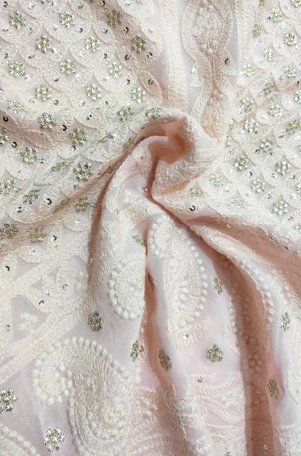 Pink Embroidered Trendy Georgette Sequins Work Fabric ( 1 Mtr ) - Luxurion World