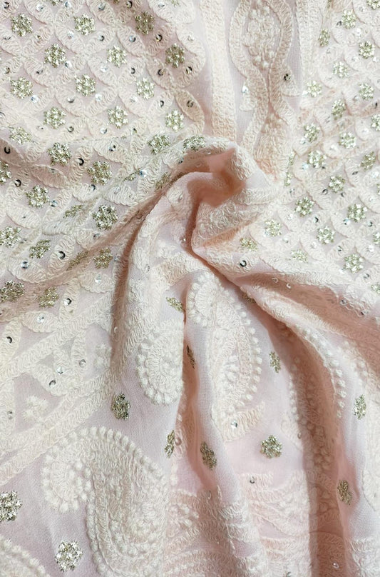 Pink Embroidered Trendy Georgette Sequins Work Fabric ( 1 Mtr ) - Luxurion World