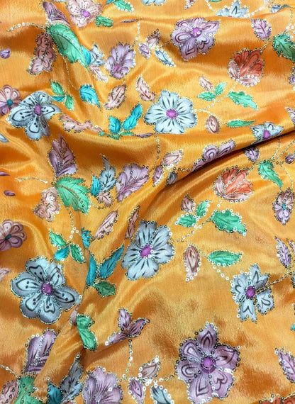 Yellow Trendy Digital Printed Chinon Sequins Work Fabric ( 1 Mtr )