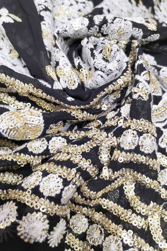 Black Embroidered Trendy Georgette Sequins Work Fabric