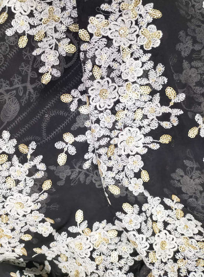 Black Embroidered Trendy Georgette Sequins Work Fabric - Luxurion World